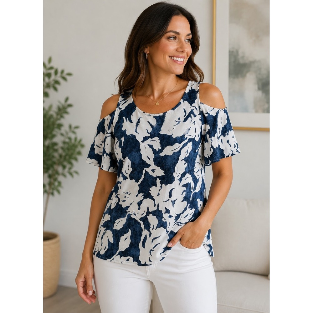 INC International Concepts Womens Top M Blue Floral Cold Shoulder Flutter Sleeve